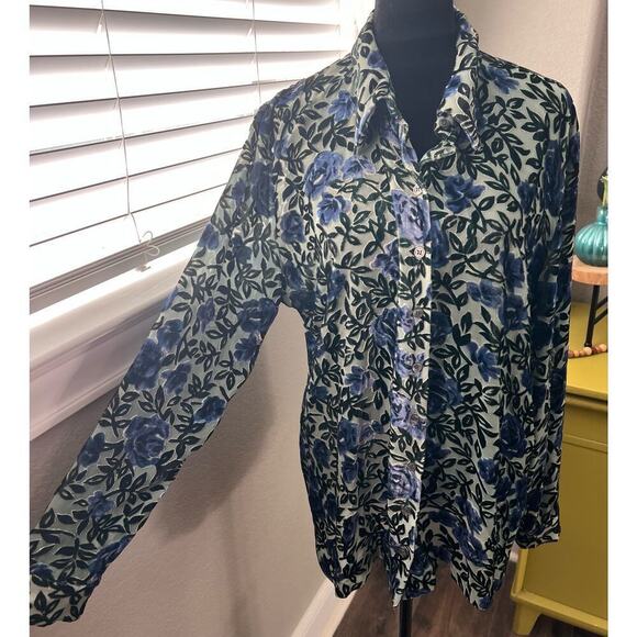 Ballinger Gold blue velvet burnout floral long sleeve, collared, button down.‎ L - Picture 1 of 9